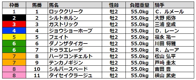 東京スポーツ杯2歳ステークス2022 枠順